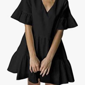 Women’s Shift Dress Bell Sleeve V-Neck Loose Dress with Pockets